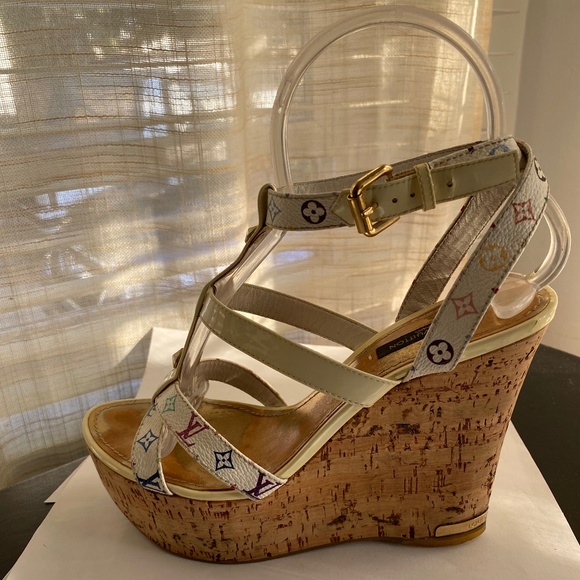 Louis Vuitton Shoes - Louis Vuitton cork platform wedges multi-color Murakami leather  heels 38.5